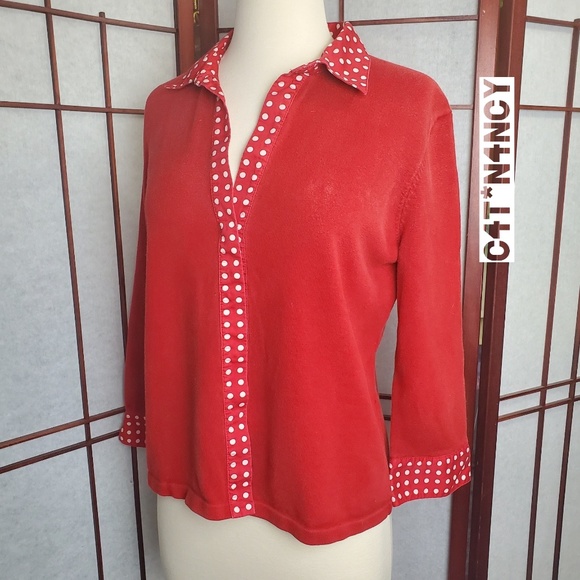 Vintage Polka Dots Collar & Cuffs Knit Snap Up Top - Picture 1 of 8